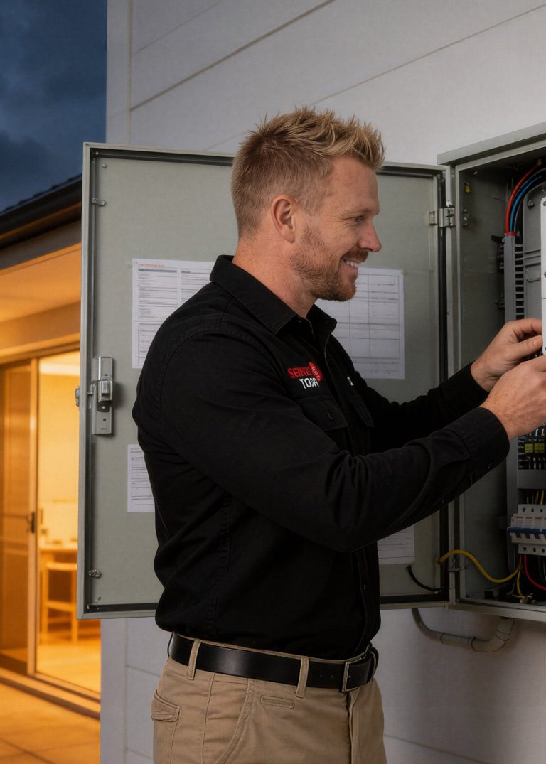 Electrician working on surge protection unit with wires and breakers in outdoor electrical box.