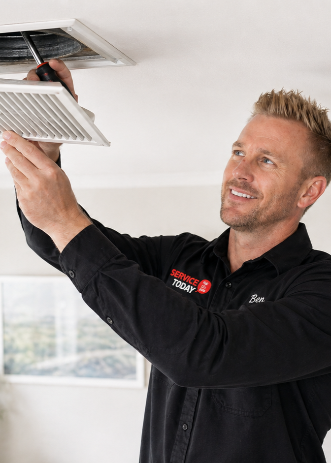 Technician Ben from Service Today cleaning an air vent on the ceiling.